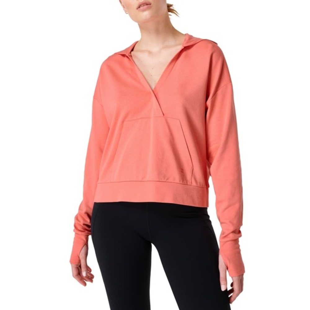 Sweaty Betty After Class Relaxed Hoodie L Coral Pink Athleisure V-Neck Oversized